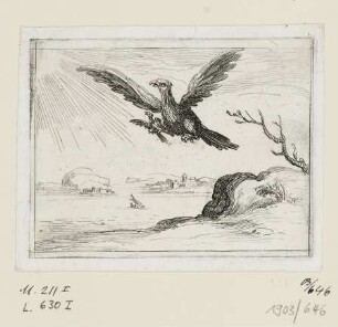 Adler mit Jungem, Blatt 4 der Folge "Vita beatæ mariæ virginis matris dei emblematibus"