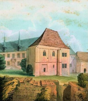 Federzeichnung "Innenhof des Schlosses Neuenburg mit Doppelkapelle von Nordosten"