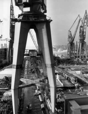 Hamburg. Steinwerder. Blick auf das Gelände der Großwerft "Blohm & Voss". Auf der Helling liegen Schiffsneubauten. Montagekrane bei der Arbeit