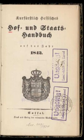 1842: Kurfürstlich hessisches Hof- und Staatshandbuch auf das Jahr 1842