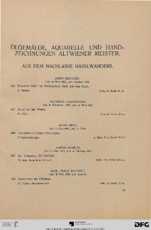 Ölgemälde, Aquarelle und Handzeichnungen Altwiener Meister. Aus dem Nachlasse Hasslwanders (Nr. 234-254)