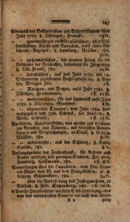 Des vollständigen Catalogi aller Bücher, welche bey Benedict Friederich Haueisen, Königl. Preußischen Kommissions-Rath und privilegirten Buchhändler in Anspach, um beygesezte richtige Preise zu haben sind ... Fortsetzung. 3. 1782