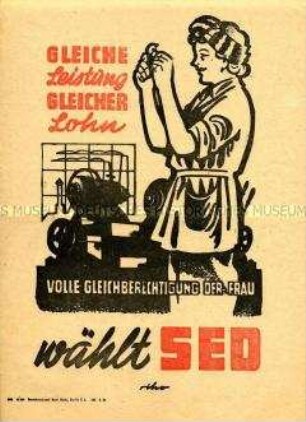 Illustrierter Wahlaufruf der SED mit der Forderung nach gleichem Lohn für Frauen