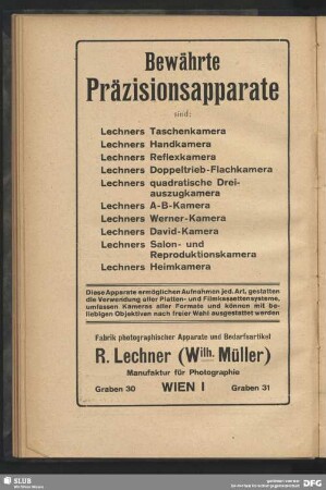 Werbung: Bewährte Präzisionsapparate, R. Lechner, Manufaktur der Photographie, Wien