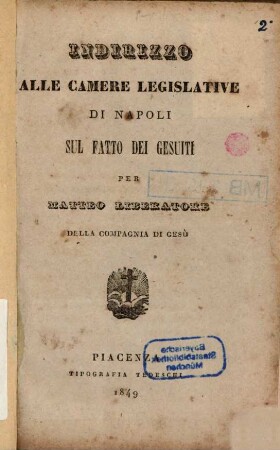 Indirizzo alle camere legislative di Napoli sul fatto dei Gesuiti