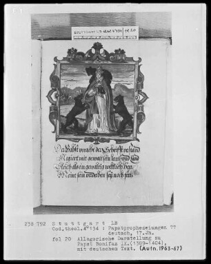 Flugschrift mit Illustrationen aus den Papstprophezeiungen mit antipäpstlichen Spottversen — Allegorische Darstellung zu Papst Bonifaz 8. (1389-1404), Folio 20recto