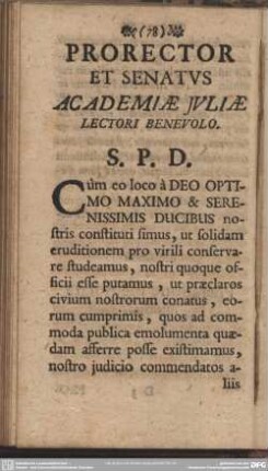 Prorector Et Senatus Academiae Juliae Lectori Benevolo