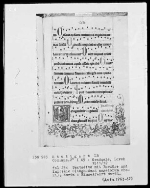 Graduale (Benediktinerhandschrift) — Textseite mit historisierter Initiale und Figur in der Bordüre, Folio 254recto