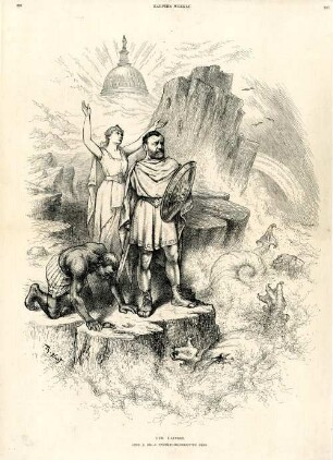 Our Ulysses. April 9, 1865 - a never-to-be-forgotten deed : Ulysses Grant wird als antiker Krieger dargestellt, der einen Drachen getötet und einen Afroamerikaner-Sklaven befreit hat. Hinter ihm steht Columbia