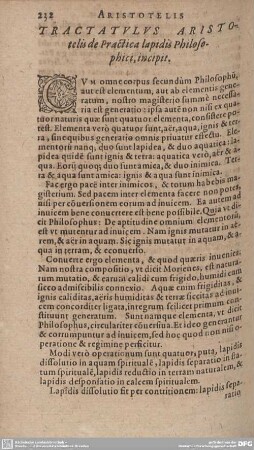 TRACTATULUS ARISTOTELIS de Practica lapidis Philosophici, incipit.