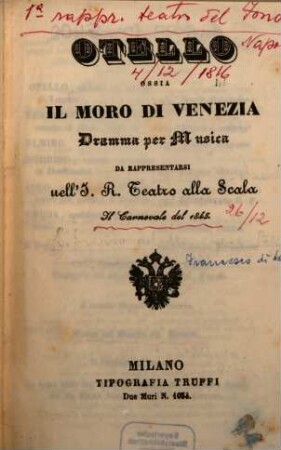 Otello ossia Il moro di Venezia : dramma per musica ; da rappresentarsi nell'I. R. Teatro alla Scala il carnevale del 1845
