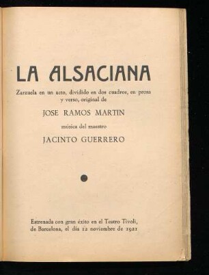 La alsaciana : Zarzuela en un acto, dividido en dos cuadros, en prosa y verso