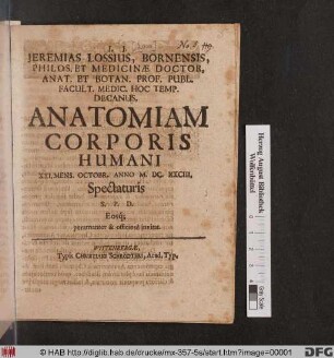 Jeremias Lossius, Bornensis, Philos. Et Medicinae Doctor ... Anatomiam Corporis Humani XXI. Mens. Octobr. Anno M.DC.XXCIII. Spectaturis S.P.D. Eosq[ue] peramanter & officiose invitat