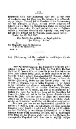Förderung des Unterrichts in weiblichen Handarbeiten : [V. Elementarschulwesen]