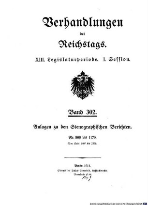 Verhandlungen des Reichstages. Stenographische Berichte. 302, 302. 1914