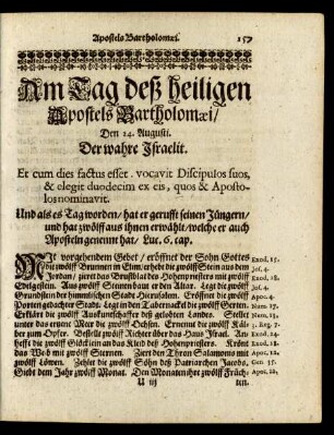 Am Tag deß heiligen Apostels Bartholomaei/ Den 24. Augusti. Der wahre Israelit.