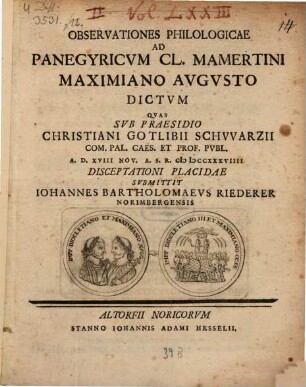 Observationes philologicae ad Panegyricum Cl. Mamertini Maximiano Augusto dictum