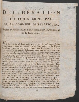 Déliberation Du Corps Municipal De La Commune De Strasbourg, Séance publique du Lundi 30. Septembre 1793. l'an second de la République