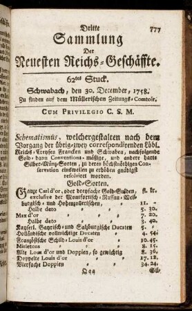 62tes Stuck. Schwabach, den 30. December, 1758.