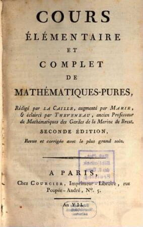 Cours Élémentaire Et Complet De Mathématiques-Pures