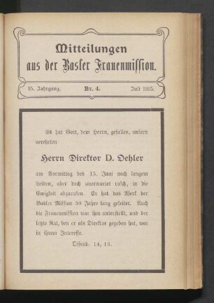 15. Jahrgang. Nr. 4. Juli 1915
