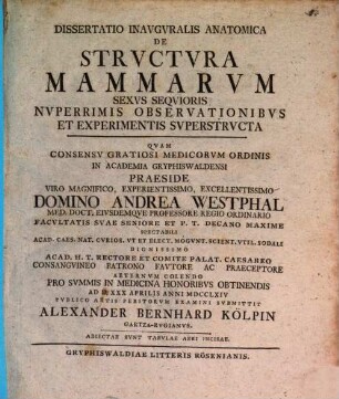 Diss. inaug. anat. de structura mammarum sexus sequioris, nuperrimis observationibus et experimentis superstructa