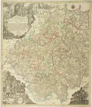 Topographische Karte des westlichen Teils des Erzgebirges mit farbig markierten Grenzen der einzelnen Bezirke und Ortsbezeichnungen, östlicher Teil auf separate Platte