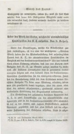 78-91 Ueber den Werth des Textes, welchen die alexandrinischen Handschriften des N. T. enthalten