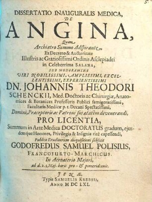 Dissertatio Inauguralis Medica, De Angina
