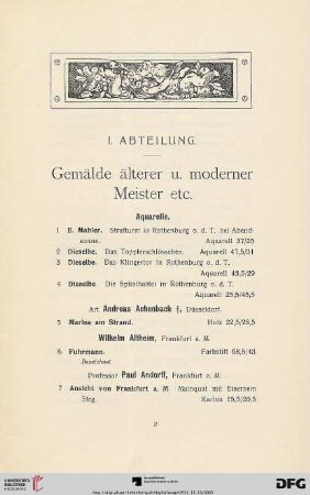 I. Abteilung. Gemälde älterer u. moderner Meister etc. (Nr. 1-127)