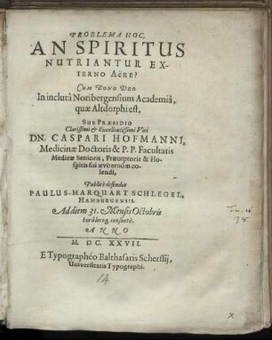 Problema Hoc, An Spiritus Nutriantur Externo Aëre?