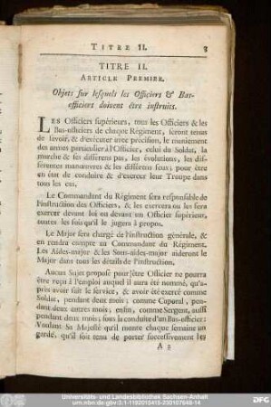 Article Premier. Object sur lesquels les Officiers & Basofficiers doivent être instruits.
