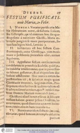 Festum purificationis Mariæ, 2. Febr.