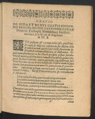 Oratio De Vita Et Rebus Gestis Johannis Reuchlini ...