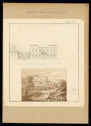 Umbau des Stimmingschen Hauses in eine Villa Monatskonkurrenz Oktober 1828: Aufriss Straßenansicht, perspektivische Seeansicht; Maßstabsleiste