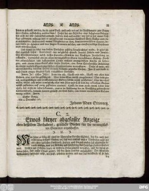 C. 2. Etwas kürtzer abgefasste Anzeige eben desselben Vorhabens, geistliche Bücher für die verunglückten Gemeinen anzuschaffen.