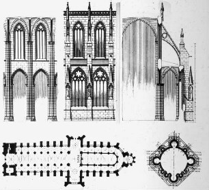 Halberstadt, Dom St. Stephanus und St. Sixtus, Wandaufrisse außen und innen, Querschnitt, Grundriss