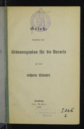 Gesetz, betreffend den Bebauungsplan für die Vororte auf dem rechten Elbufer