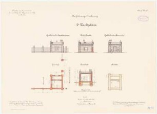 Kaserne des 4. Garderegiments zu Fuß, Berlin-Moabit: 2. Wachgebäude: Grundriss, Querschnitt, Vorderansicht, Giebelansichten 1:100