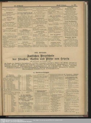 III. Abschnitt. Amtliches Verzeichnis der Straßen, Gassen und Plätze von Leipzig