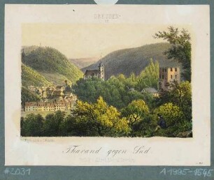 Ansicht von Tharandt Richtung Süden mit der Berg- und Stadtkirche und der Burgruine