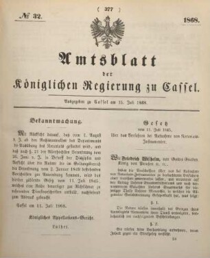 № 32. Ausgegeben zu Cassel am 15. Juli 1868.