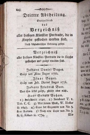 Drittte Abtheilung. Enthaltend das Verzeichniß aller hiesigen Künstler Portraite, die in Kupfer gestochen worden sind. Nach Alphabetischer Ordnung gesetzt.