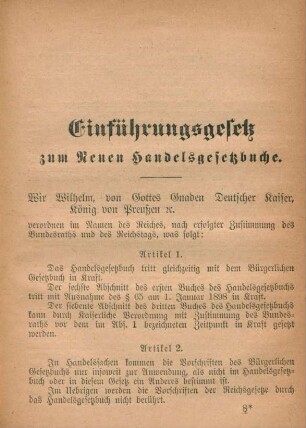 Einführungsgesetz zum Neuen Handelsgesetzbuche.