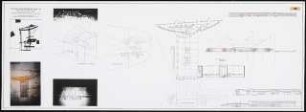 Architektonisches Ausstellungskonzept für die ILA 1998 in Schönefeld. Haupteingangsbereich Schinkelwettbewerb 1997: Grundriss, Ansichten, Schnitte 1:1000, perspektivische Ansicht Innenraum