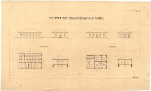 Billing, Hermann; Singen; Krankenhaus - Isoliergebäude (Ansichten; Grundriss; Schnitt); Leichenhaus (Ansichten; Grundriss; Schnitt)