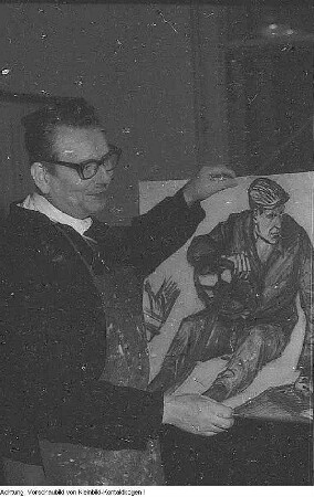 Paul Michaelis, Kunstmaler und Hochschullehrer in Dresden, während seiner Arbeit und im Gespräch mit dem Generaldirektor der Dresdner Museen, Max Seydewitz, 1962
