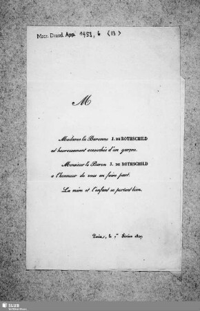 Nr. 13: Von Baronne & Baron J. de Rothschild - dat. Paris, 01.02.1827.