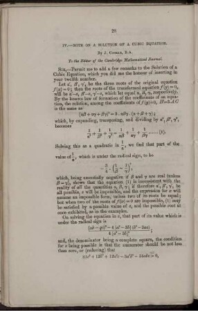 IV. Note on a solution of a cubic equation.