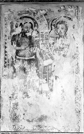Johannes Baptist und Johannes Evangelist : Johannes Baptist und Johannes Evangelist. Fresko (1401/1415). Millstatt, Pfarrkirche und ehemalige Stiftskirche Christus Salvator und Allerheiligen, nördliche Langhausarkade